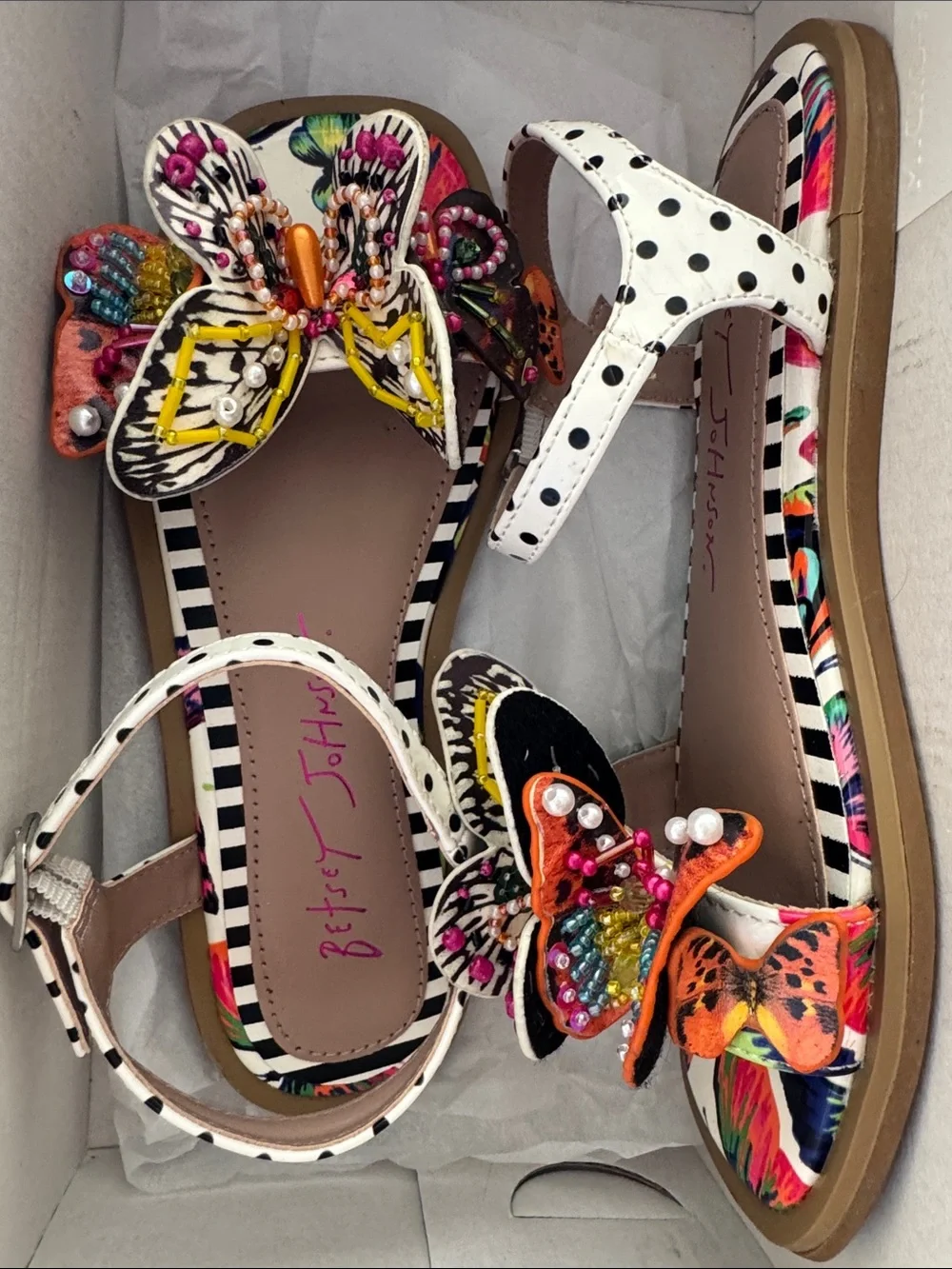 Betsey Johnson White Polka Dot Butterfly Beaded Kids Sandals